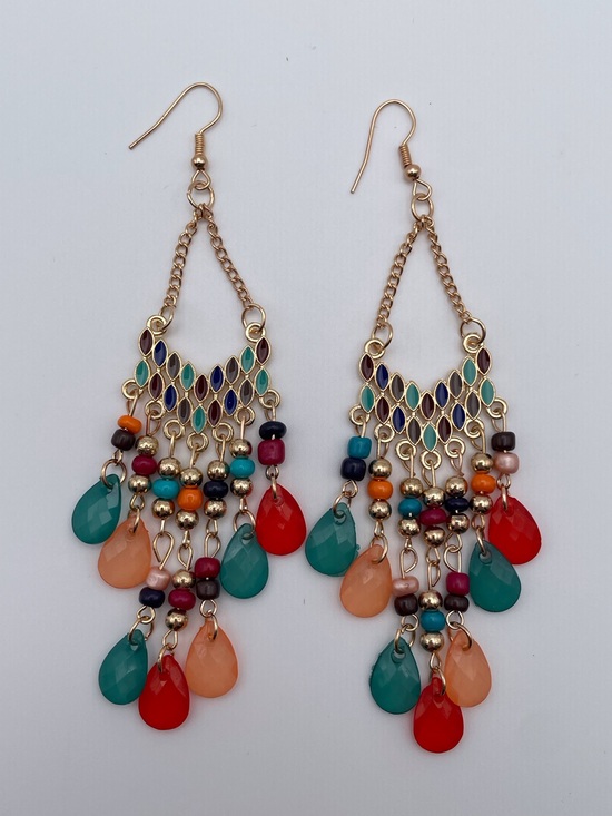 None Jewelry - Multicolored Water Drop Beaded Dangling Earrings
